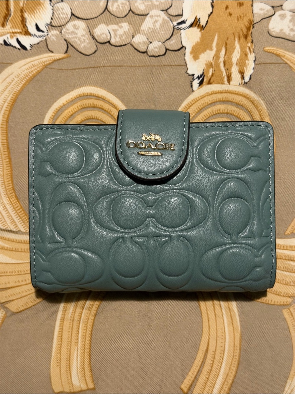 Coach Women's Teal Embossed Leather Small Wallet